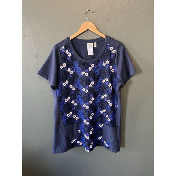 Logo by Lauri Goldstein Blue Short Sleeve Cotton Shirt Floral Patter Plus Sz 1X - Picture 1 of 3